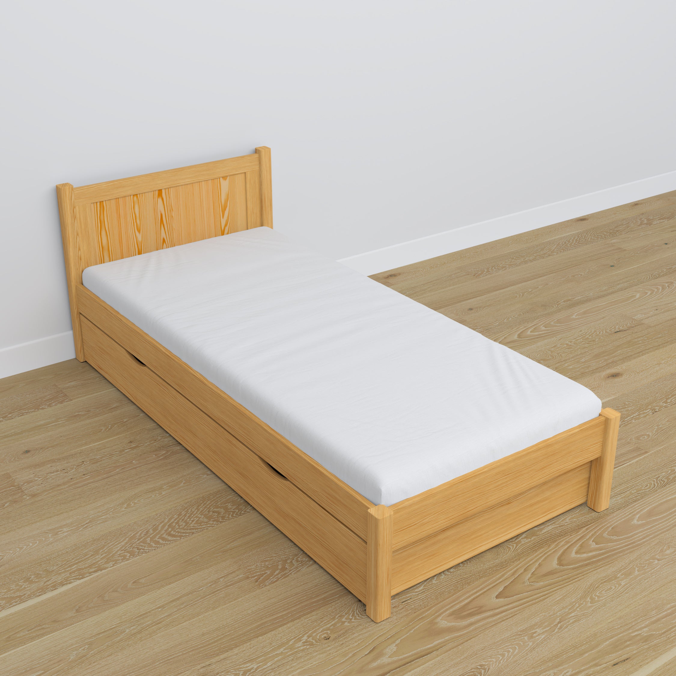 Letto pino naturale con cassetto – guide e dettagli in legno, Nizio