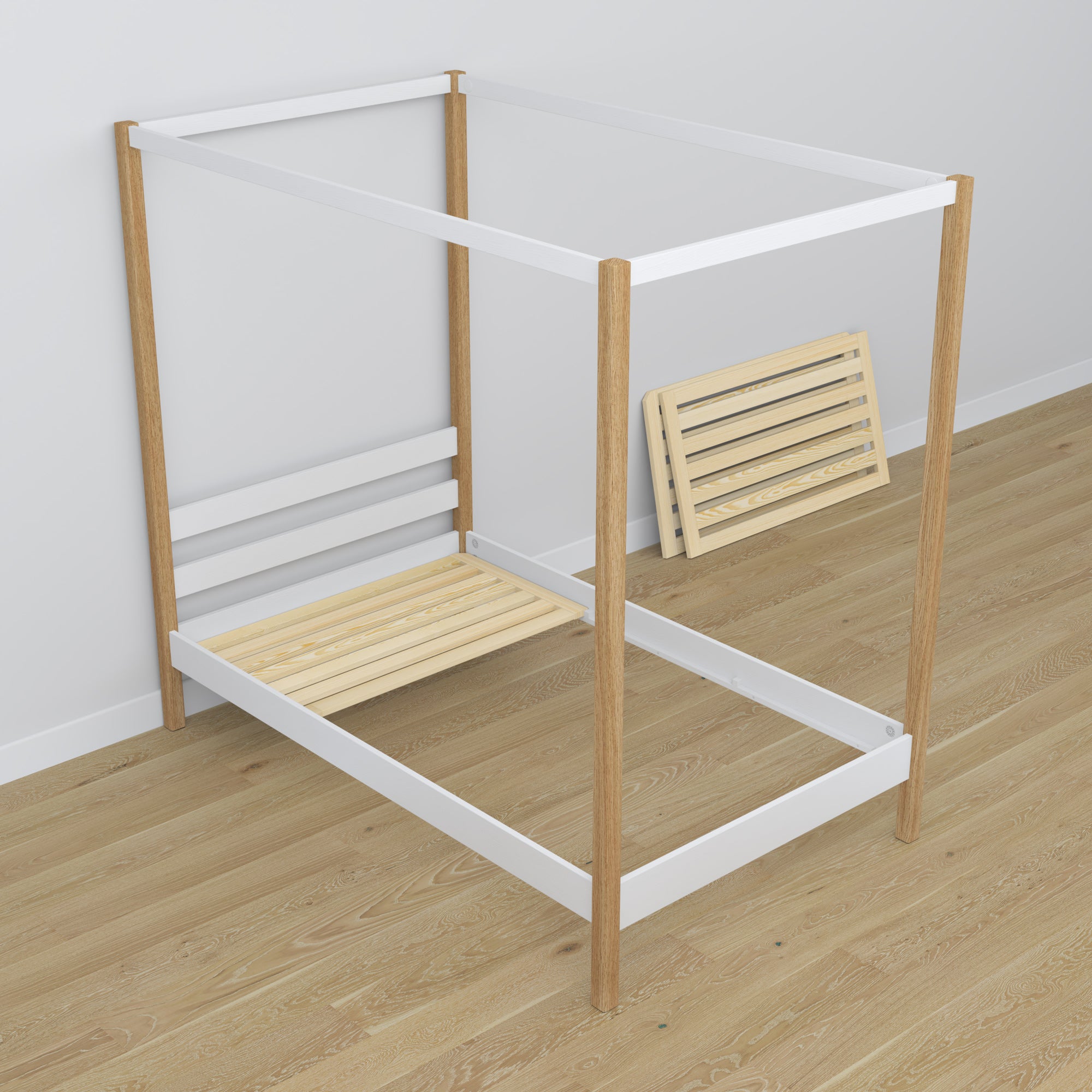 Lit à baldaquin en bois blanc-chêne – décoration de chambre d'enfant scandinave