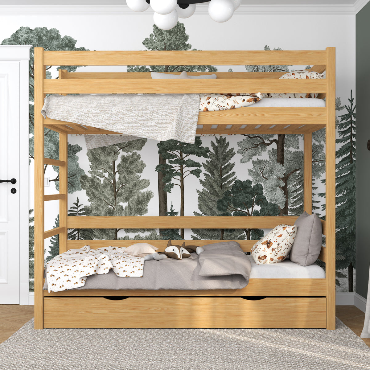 Natural Pine Bunk Bed for Children – Two Sleeping Areas and Drawer, Wooden