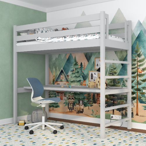 Hochbett mit Schreibtisch aus Holz grau – Leiter und Schutzgeländer