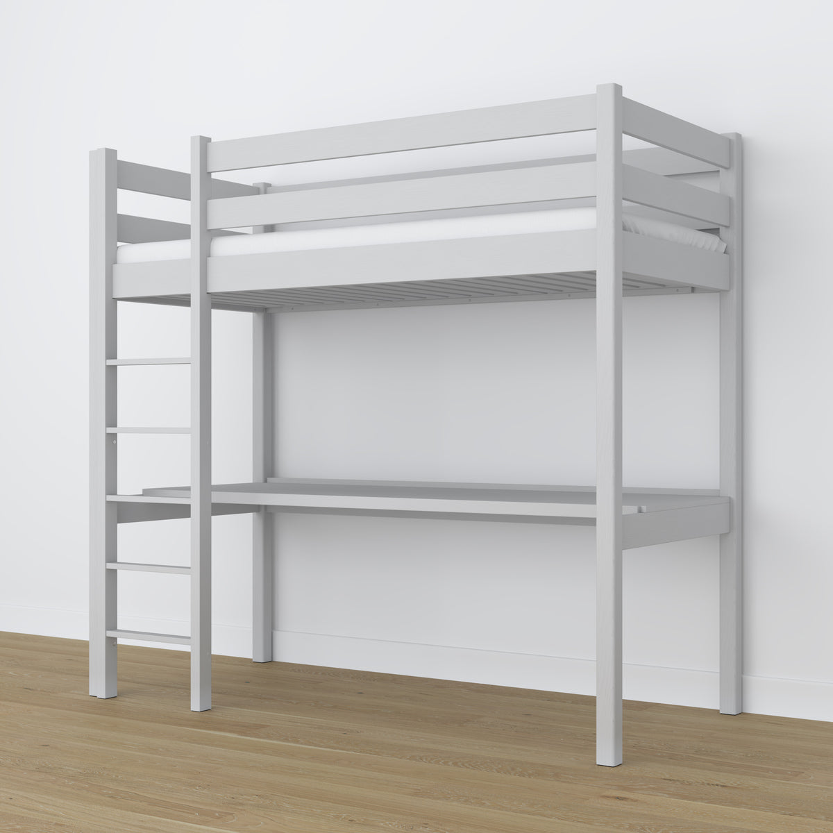 Letto a soppalco in legno grigio con scrivania – struttura e doghe, Nizio