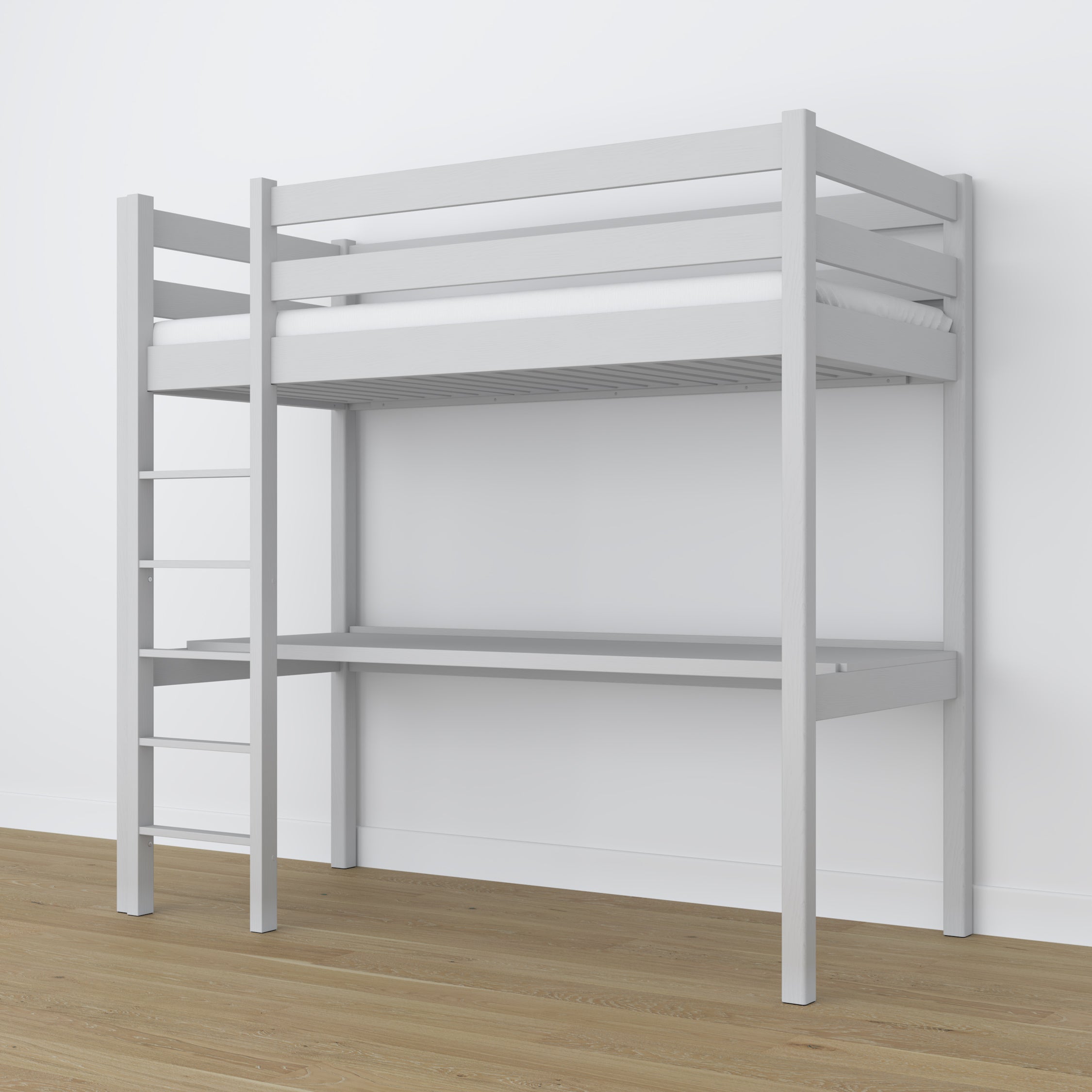Letto a soppalco in legno grigio con scrivania – struttura e doghe, Nizio