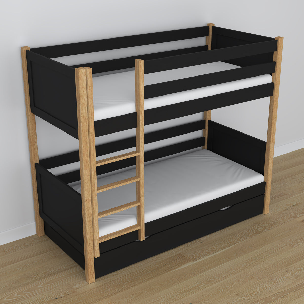 Letto a castello nero-quercia per bambini – cassetto per materasso, in legno, Nizio