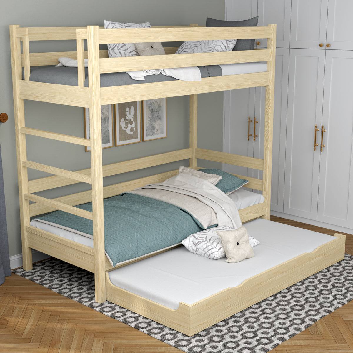 Lit superposé pin incolore pour enfants – tiroir na matelas, en bois, Nizio