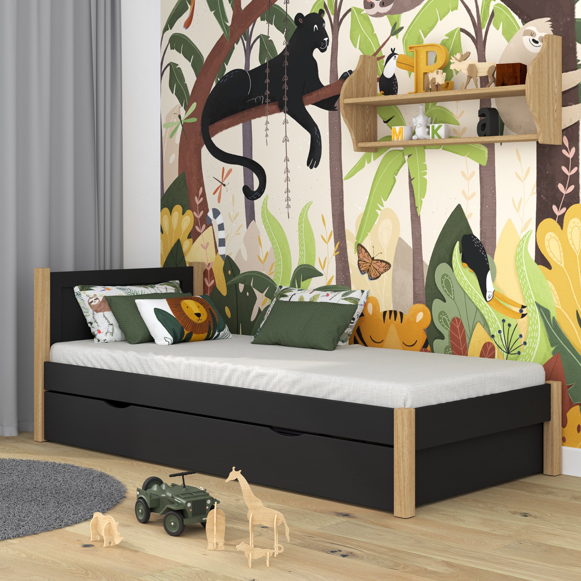 Letto singolo con cassetto in legno nero-quercia – stanza per bambini, stile scandi