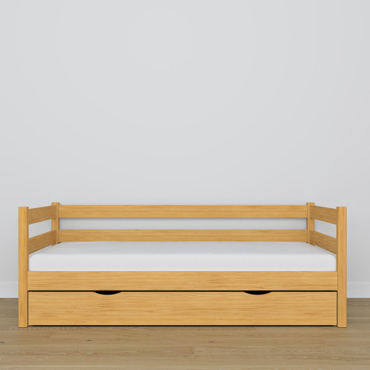 Natural pine sofa bed with drawer made of wood – dimensions and diagram, Nizio
