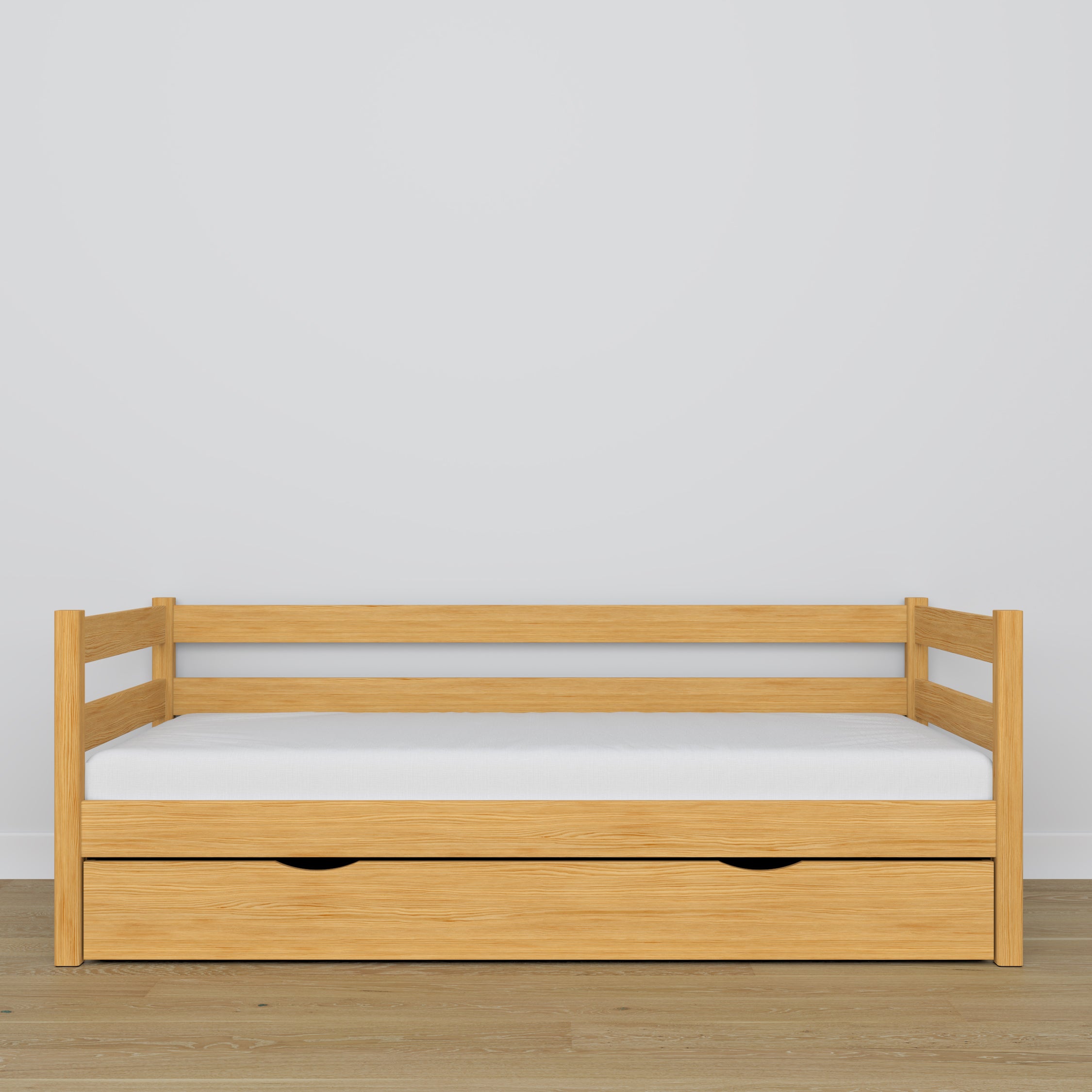 Natural pine sofa bed with drawer made of wood – dimensions and diagram, Nizio