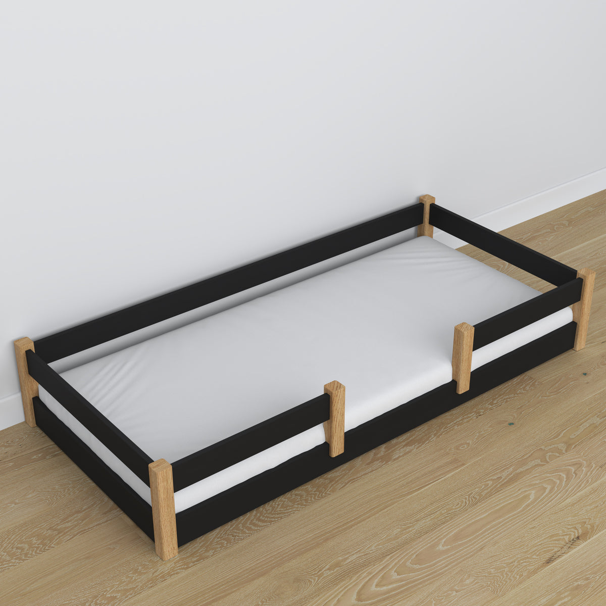 Low Bed Black and Oak in Bedroom – Scandinavian Arrangement, Wooden
