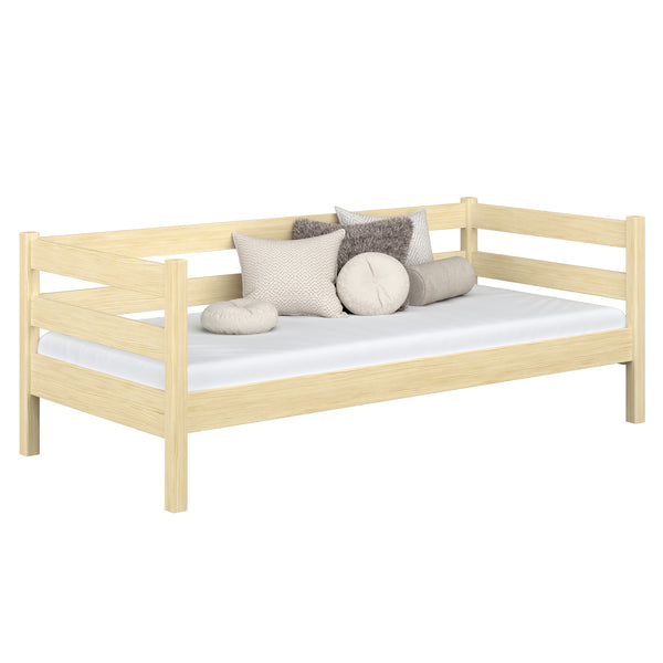 Drewniane łóżko sofa N01 sosna bezbarwna – widok ogólny, lite drewno sosnowe