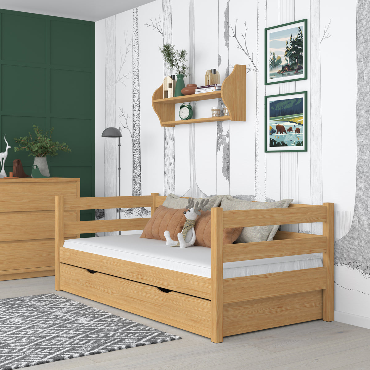 Natural pine sofa bed – wooden side barrier, side view, Nizio
