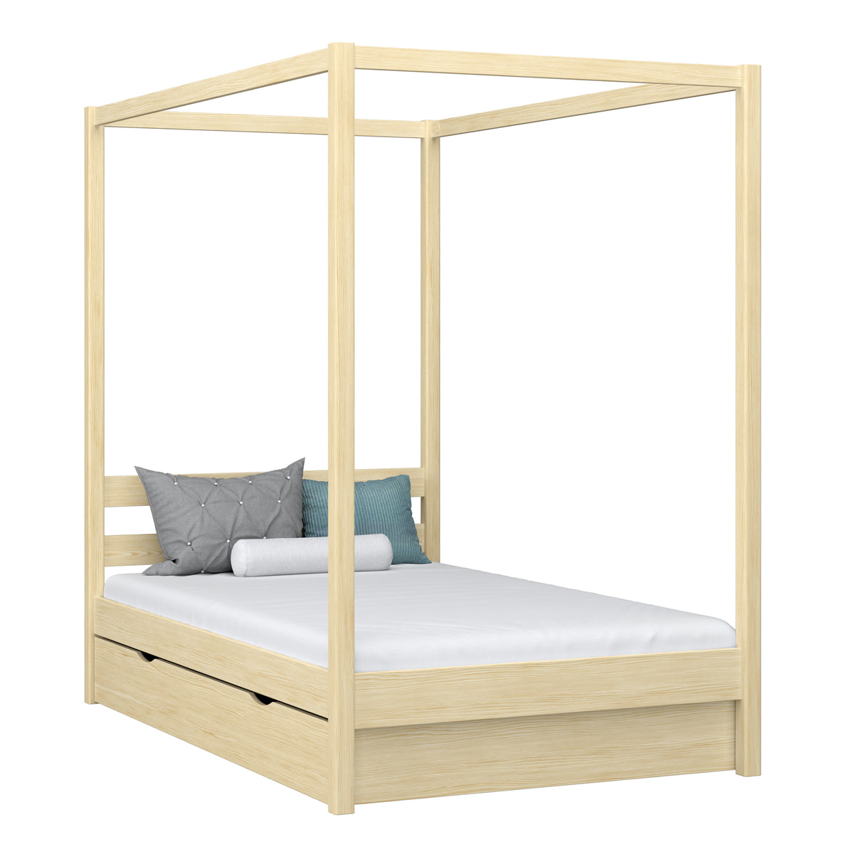 Letto con baldacchino e cassetto in legno pino trasparente – stanza per bambini, stile scandi