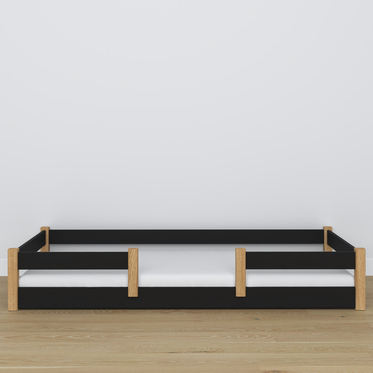 Low Bed Black and Oak – Wooden Headboard, Close-up of Wood Quality