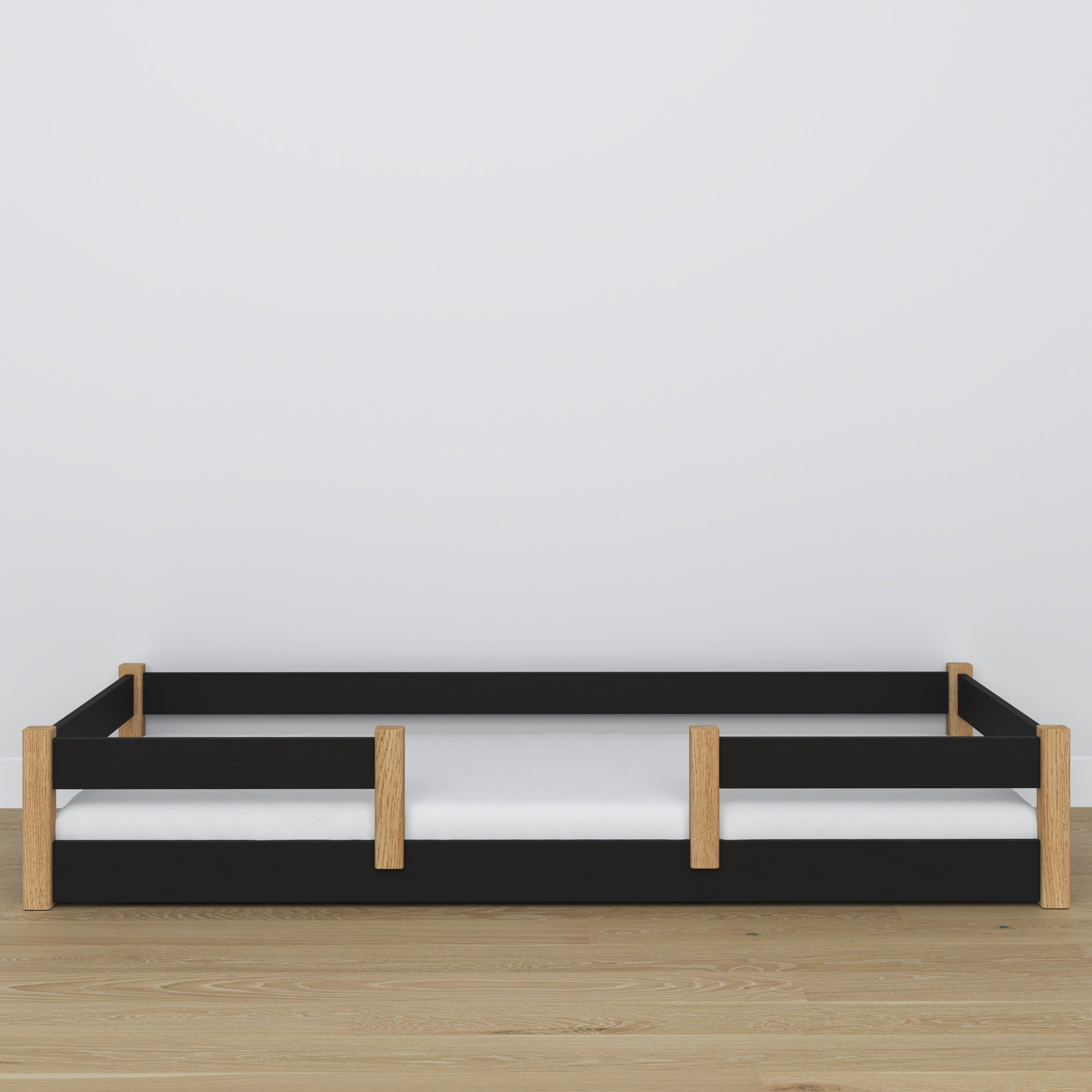 Low Bed Black and Oak – Wooden Headboard, Close-up of Wood Quality