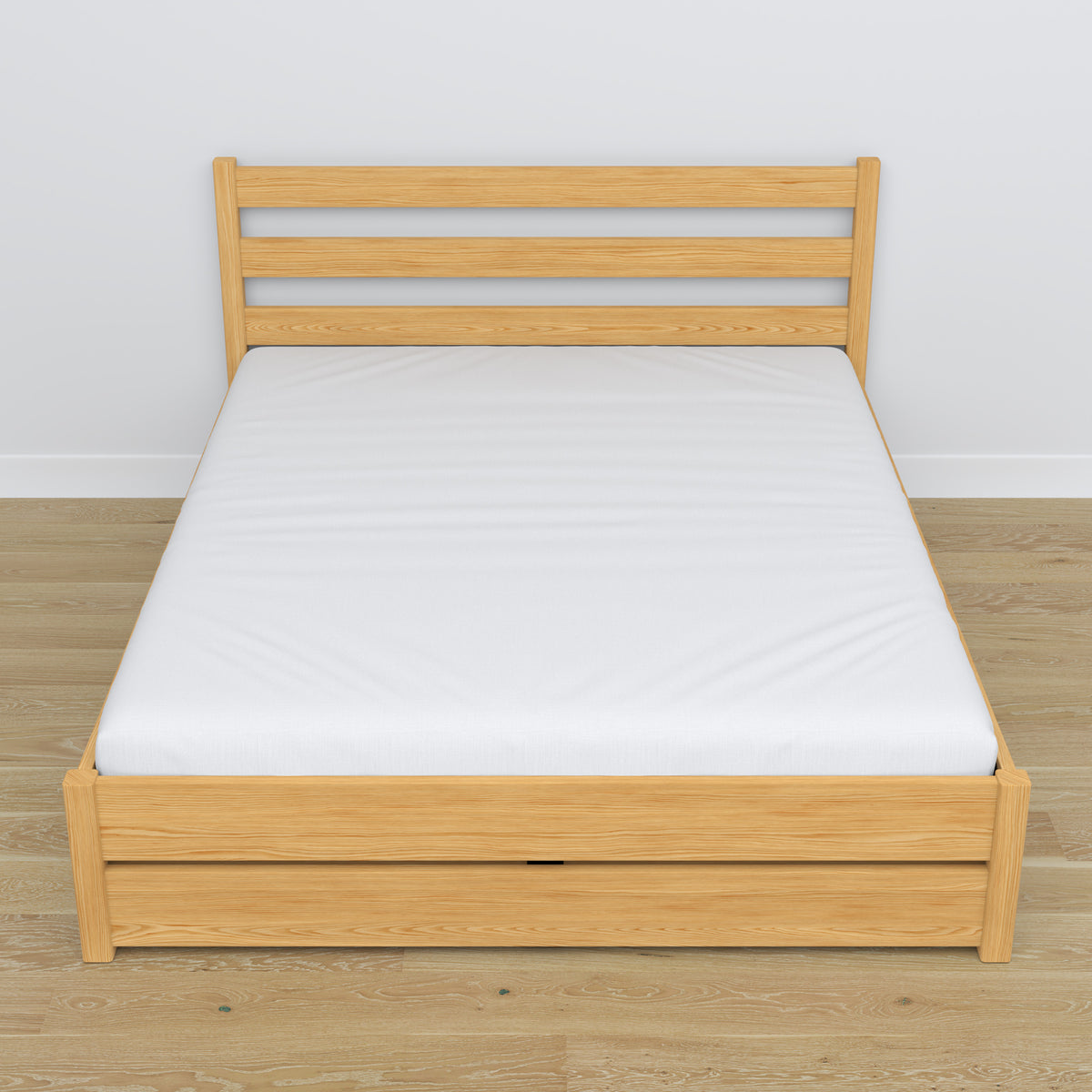 Double bed with wooden drawer natural pine – angled view, scandi bedroom