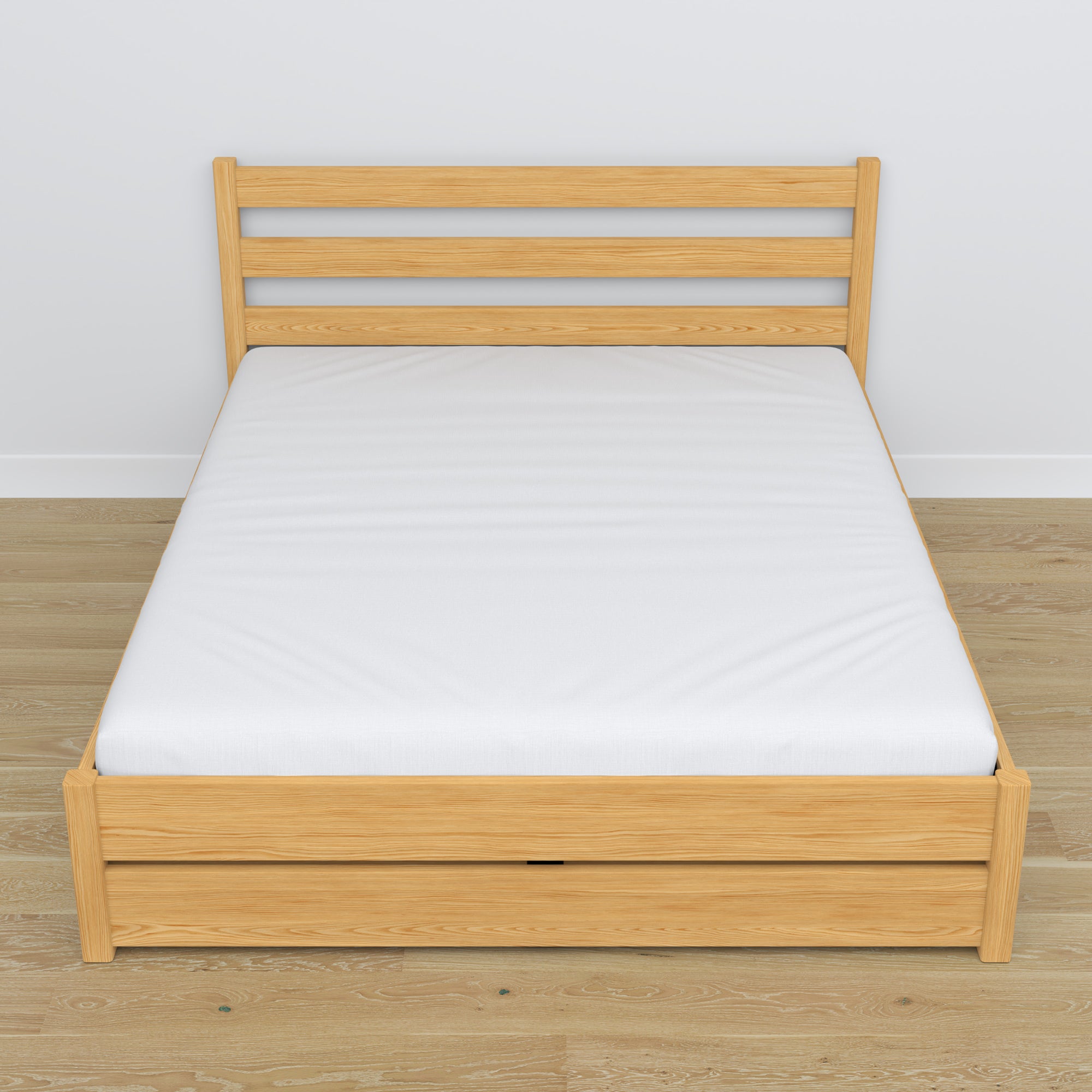 Double bed with wooden drawer natural pine – angled view, scandi bedroom