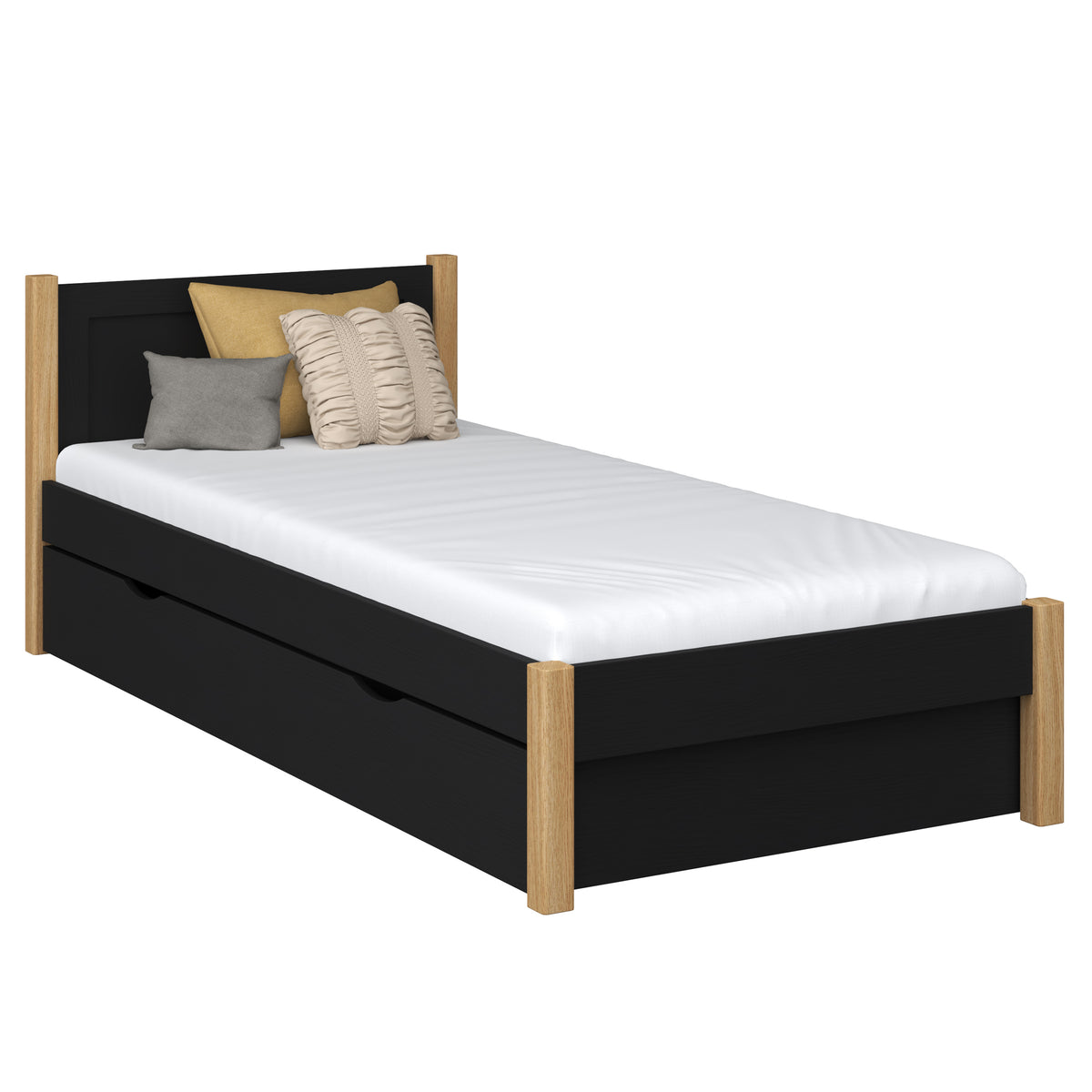 Letto con cassetto in legno nero-quercia – cassetto aperto, ambiente del vano