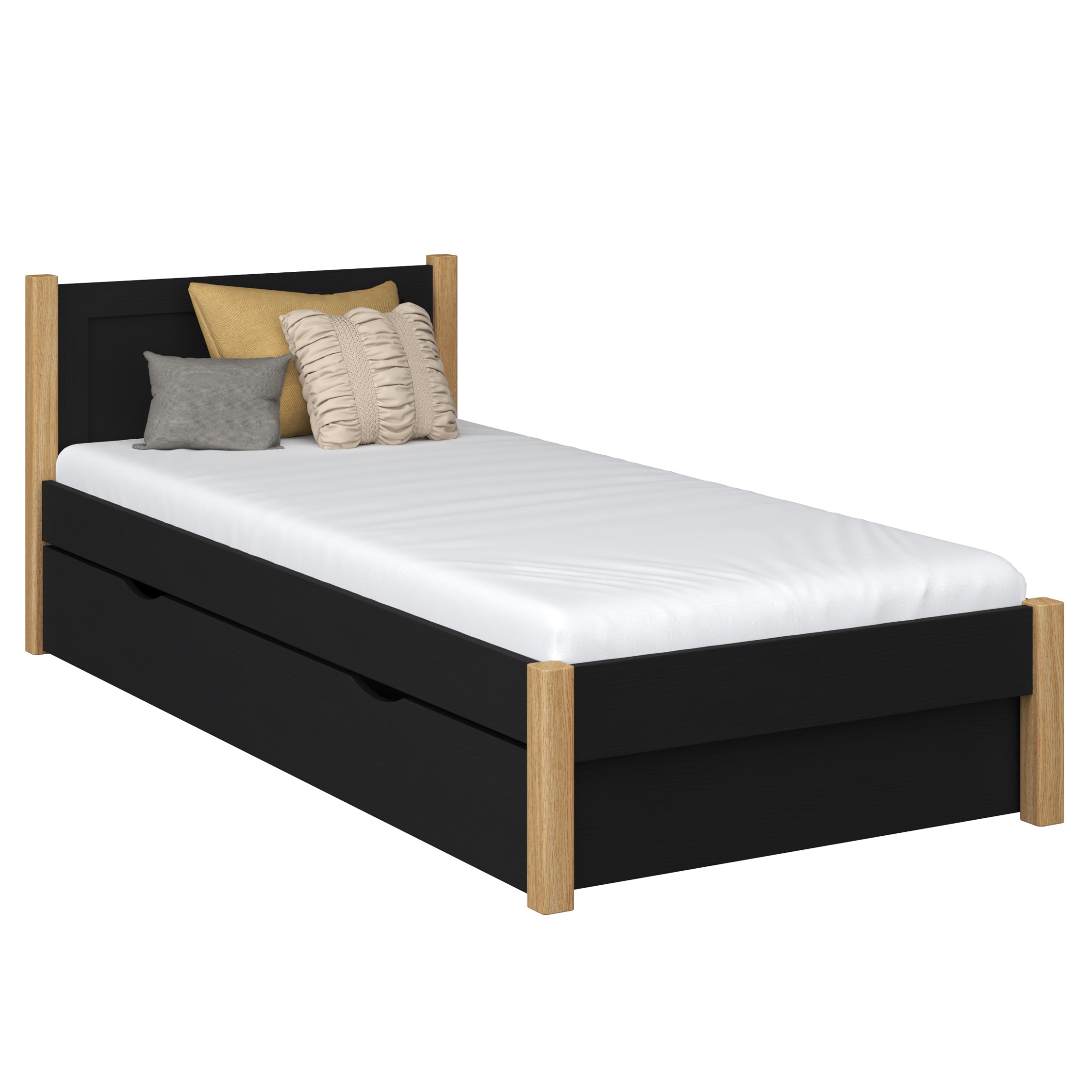 Letto con cassetto in legno nero-quercia – cassetto aperto, ambiente del vano