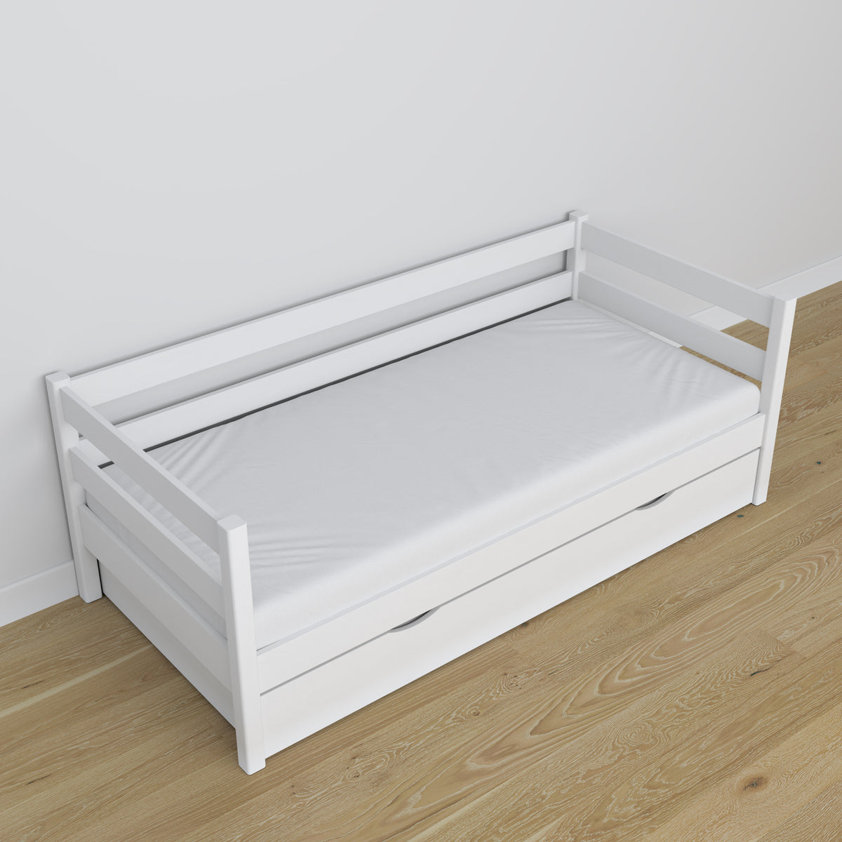 Łóżko sofa z szufladą na materac N01 biały – widok z innej perspektywy, solidne drewno