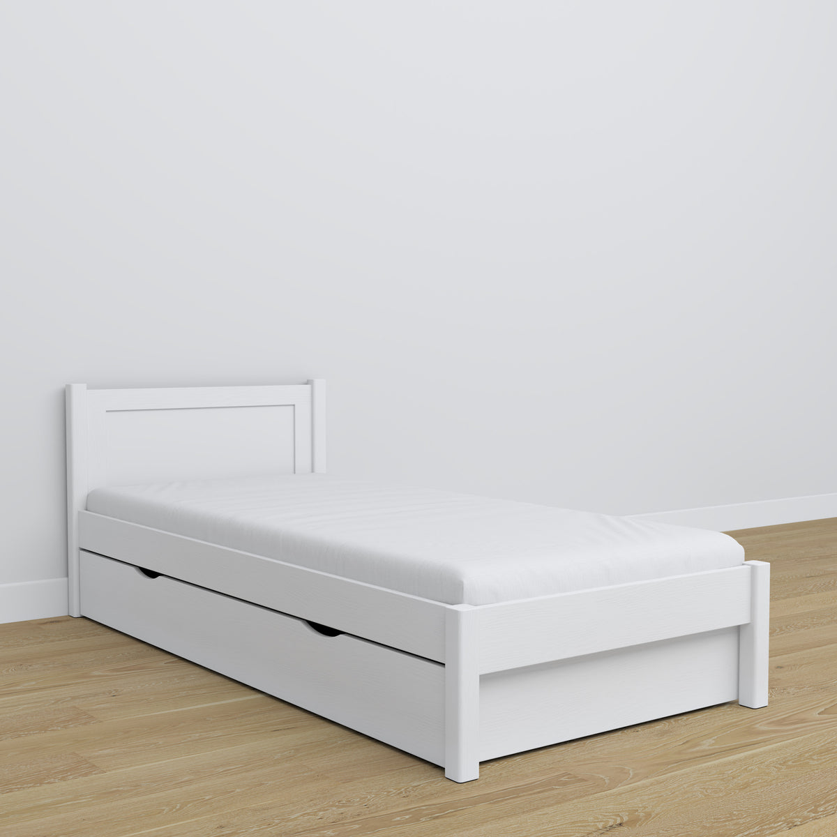 Wooden bed with drawer white – child’s room, scandi arrangement