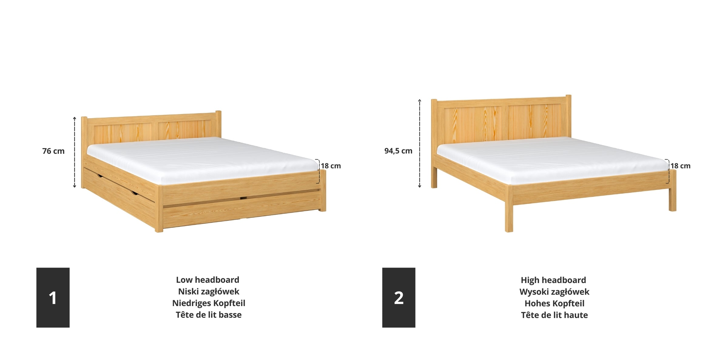 Wooden double bed natural pine – joint and drawer details, Nizio