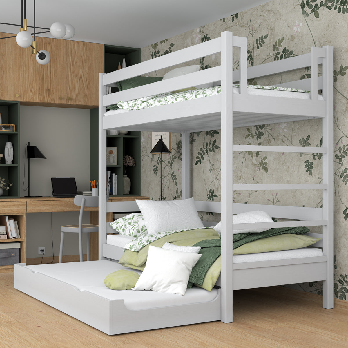 Lit superposé avec tiroir pour matelas en bois gris – chambre d'enfant scandinave
