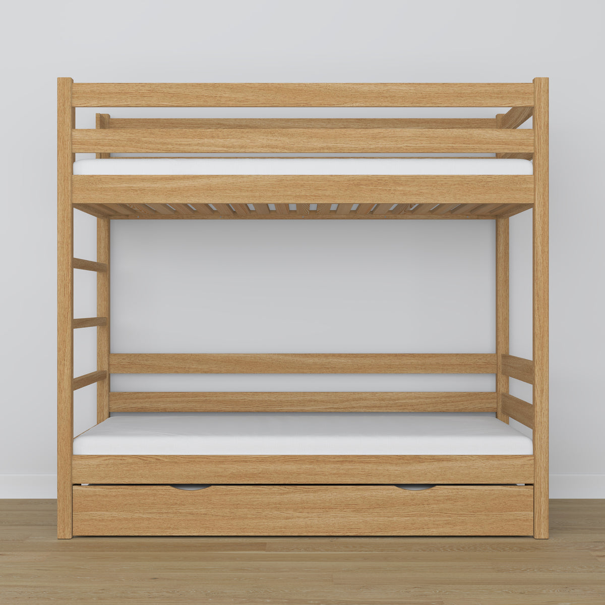 Letto a castello quercia naturale – struttura in quercia con doghe, cassetto per materasso