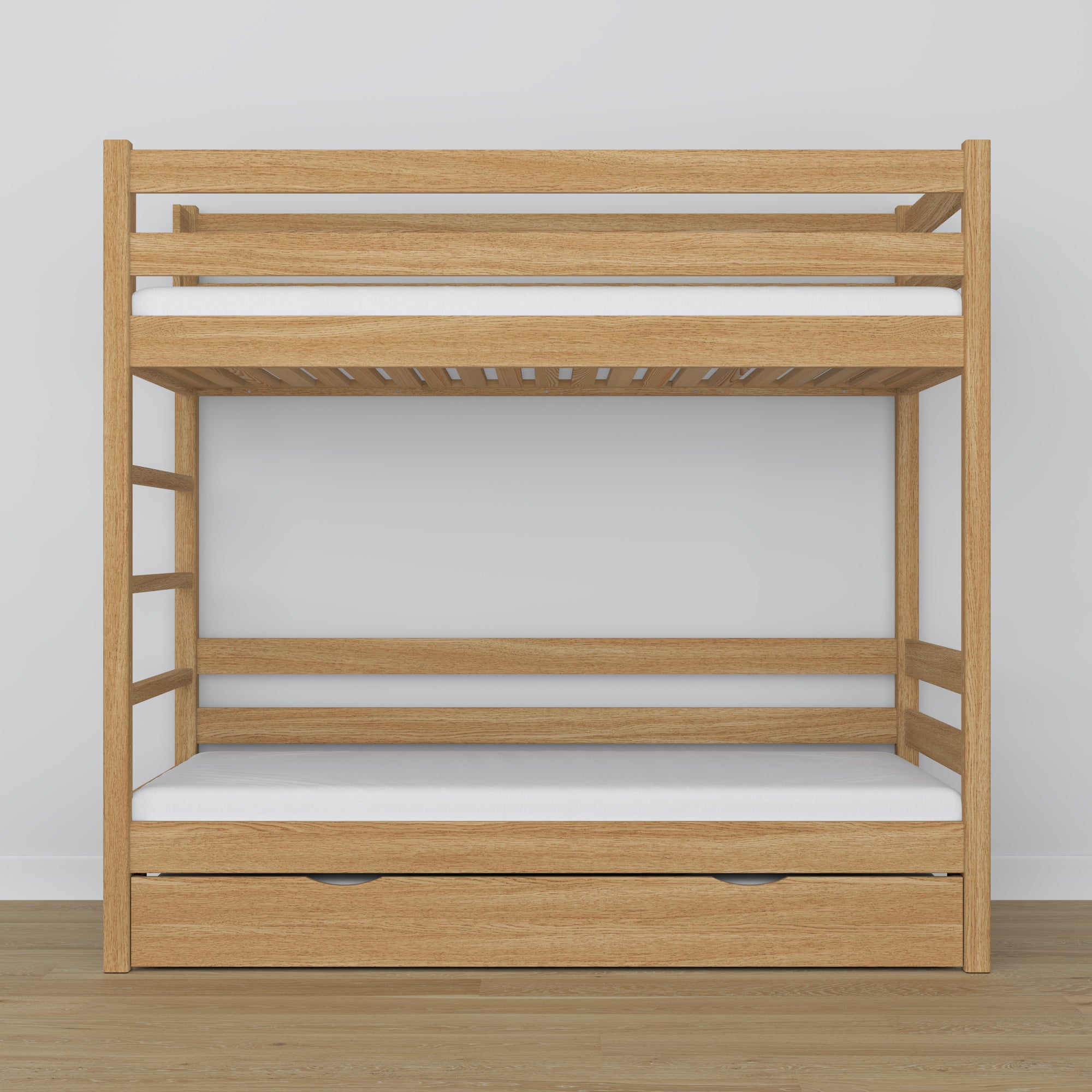 Letto a castello quercia naturale – struttura in quercia con doghe, cassetto per materasso