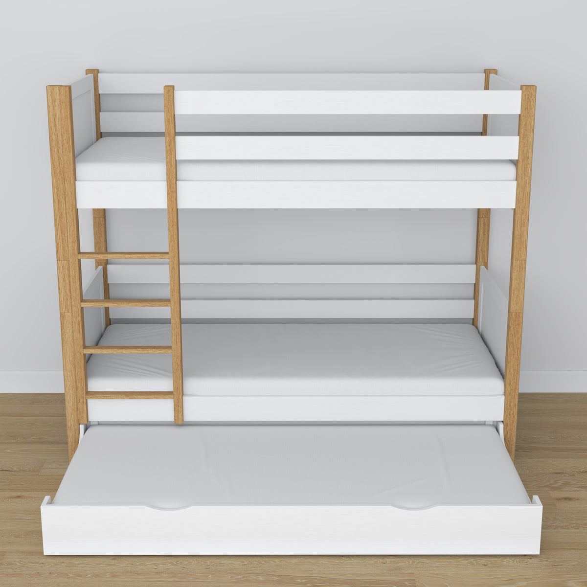 Letto a castello con cassetto per materasso bianco-quercia in legno – legno massello, stile scandi
