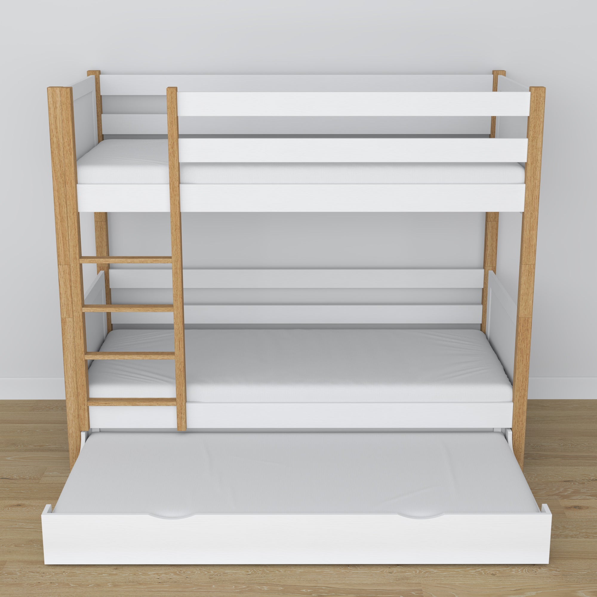 Letto a castello con cassetto per materasso bianco-quercia in legno – legno massello, stile scandi