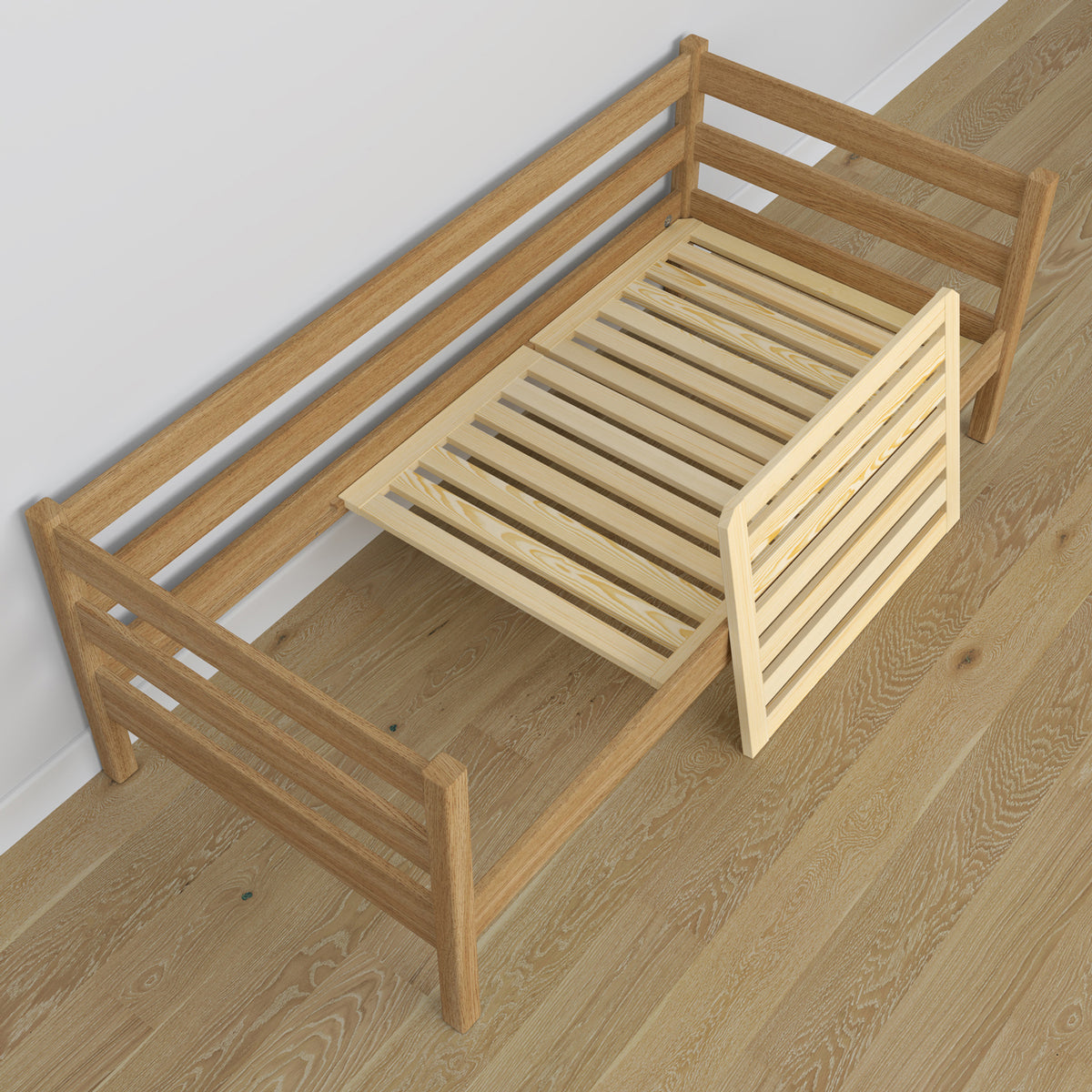 Natural oak sofa bed with mattress drawer made of oak – dimensions, Nizio