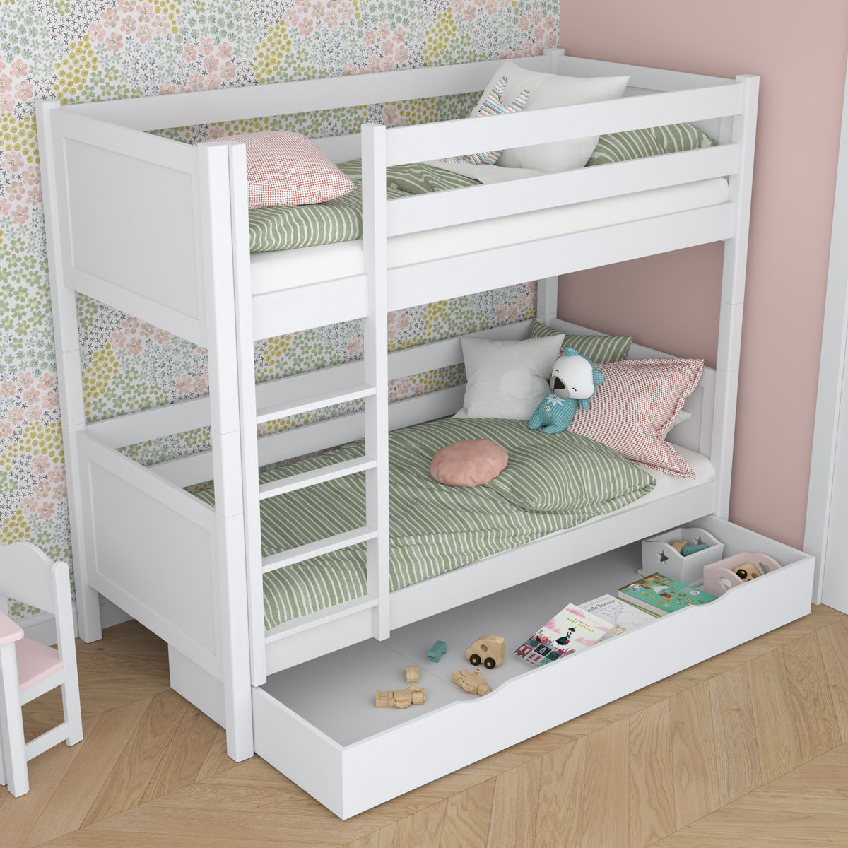 Letto a castello bianco per bambini – due della camera da lettoe e cassetto, in legno