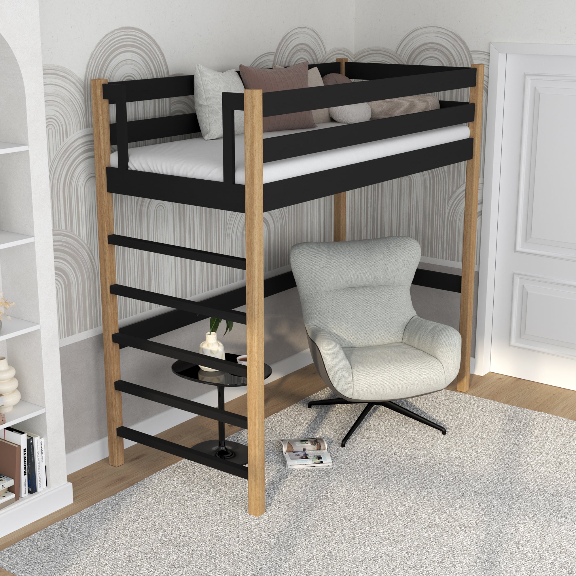 Hochbett schwarz-eiche im Kinderzimmer – Scandi-Einrichtung, aus Holz