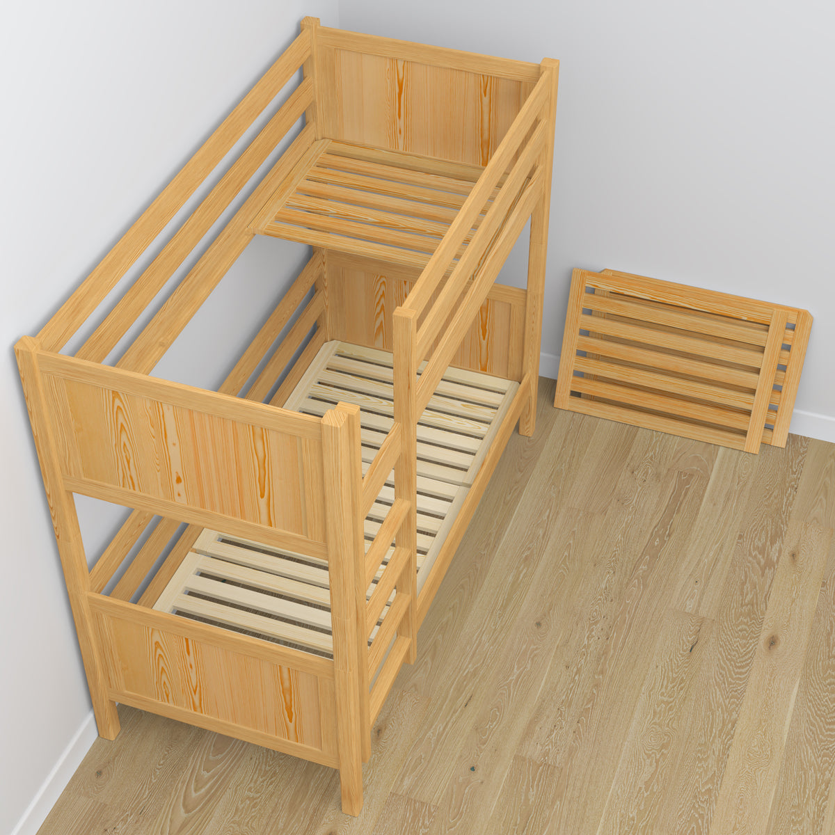 Lit superposé pin naturel – sommier en bois à lattes, tiroir na matelas