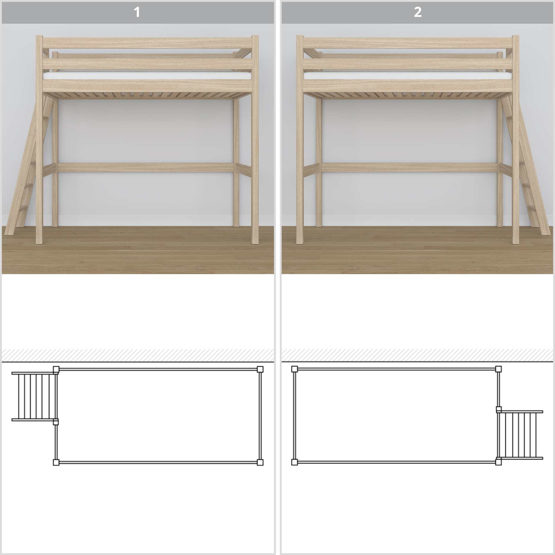 Lit mezzanine en chêne chêne blanchi – vue du dessus na espace couchage