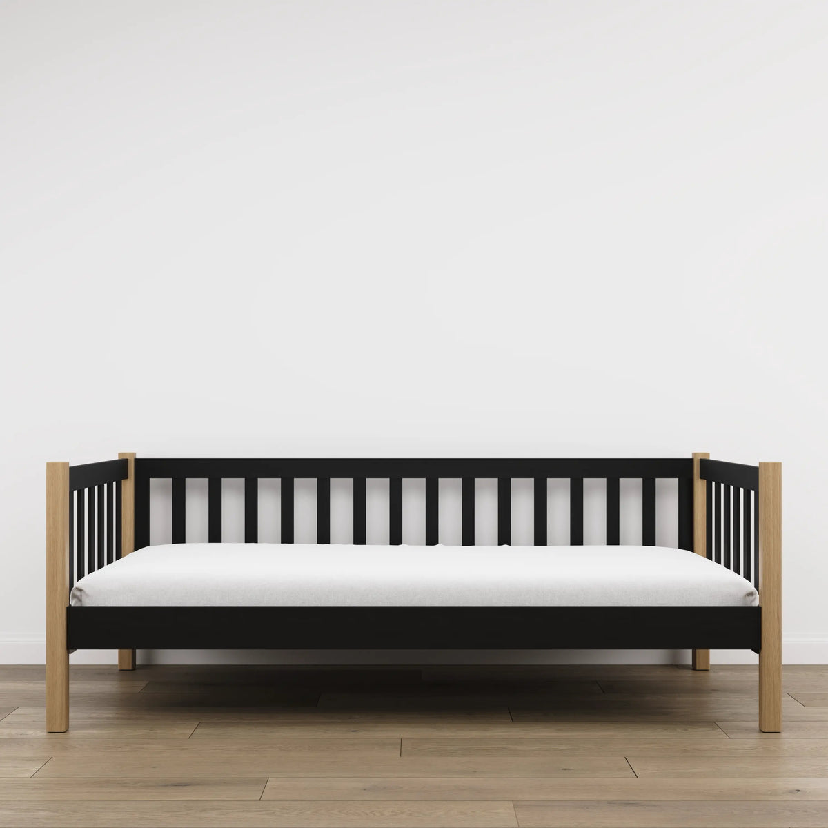 Sofa-lit en bois noir avec chêne – vue de côté, forme et proportions du meuble