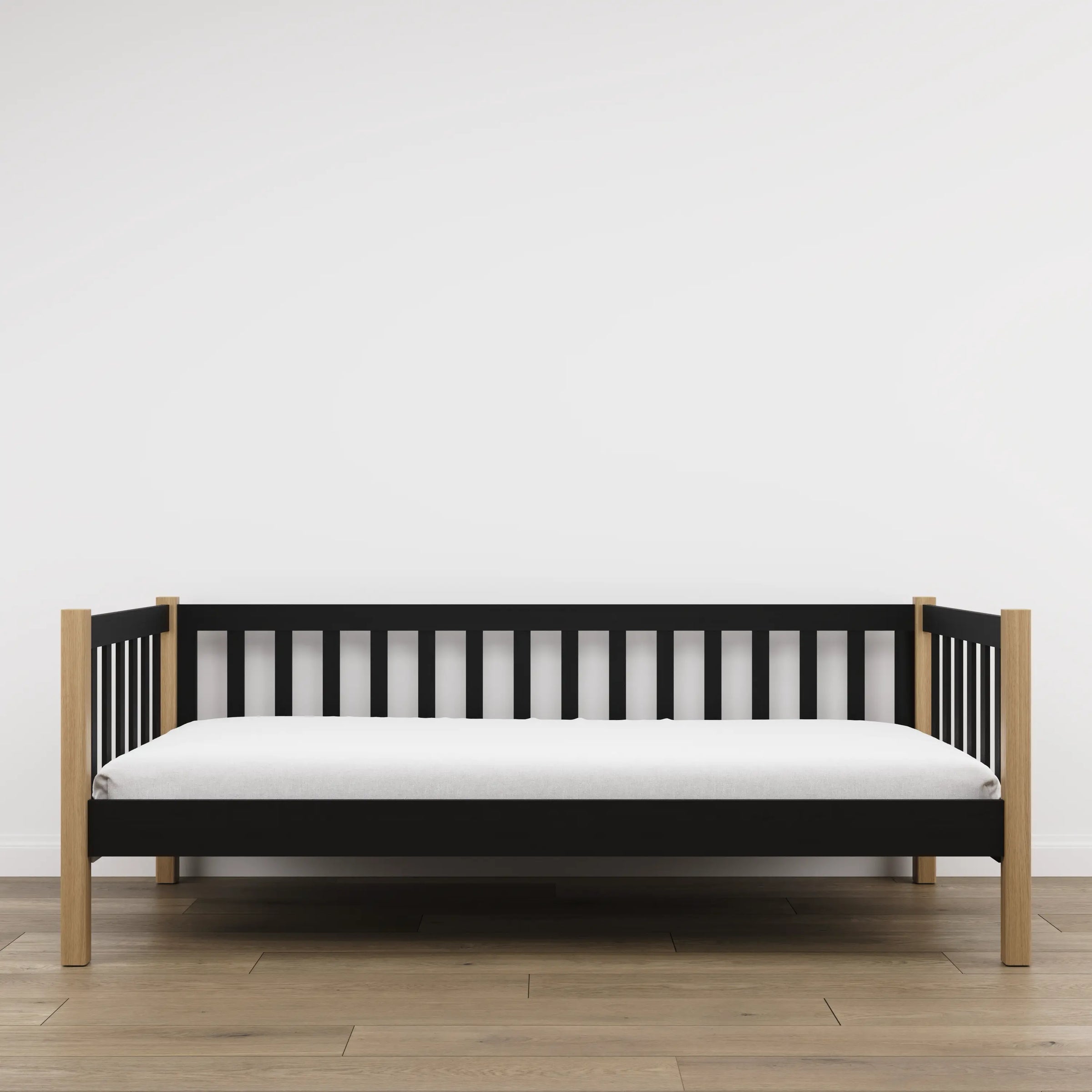 Sofa-lit en bois noir avec chêne – vue de côté, forme et proportions du meuble