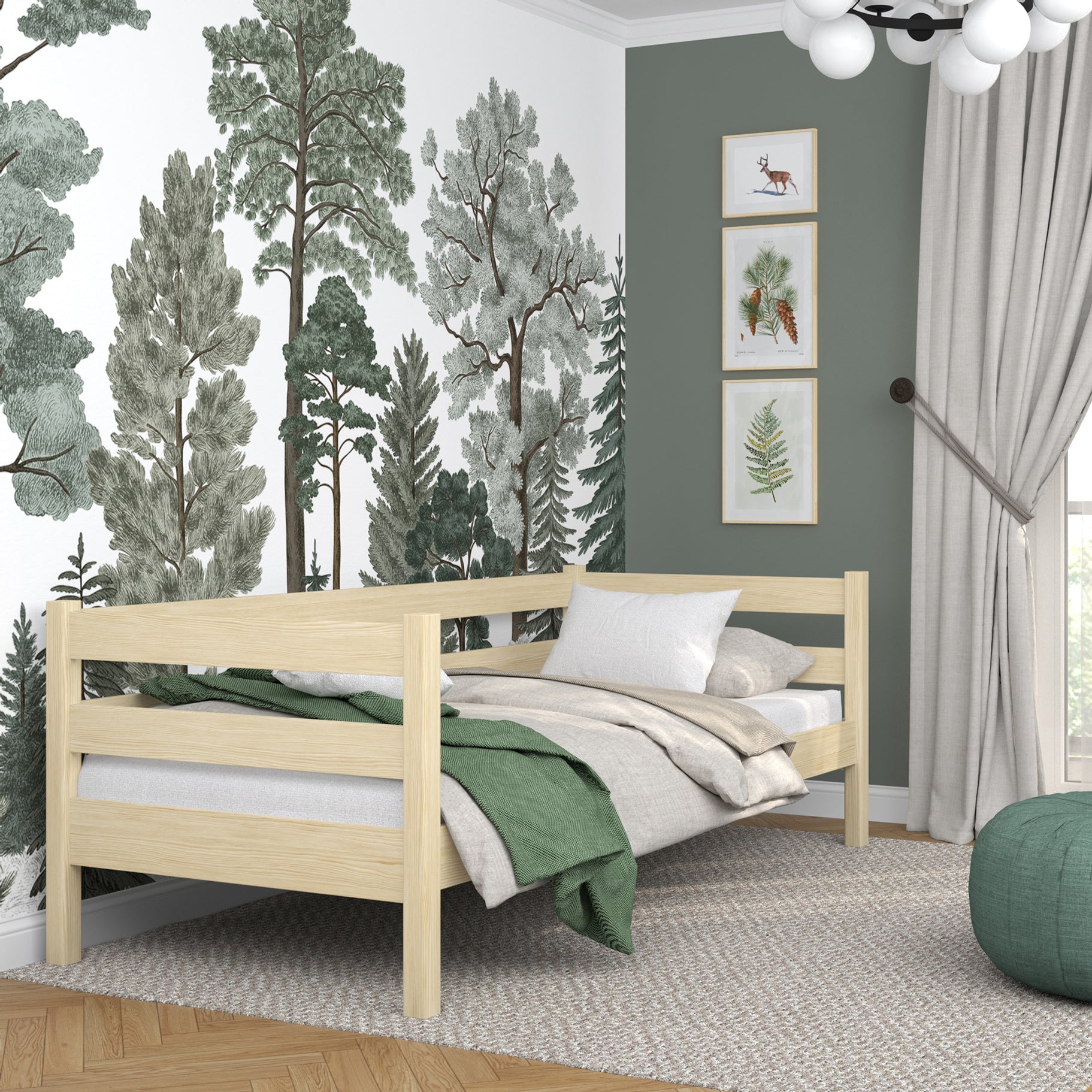 Holz-Sofabett Kiefer farblos – Seitenansicht, Form und Proportionen des Möbels
