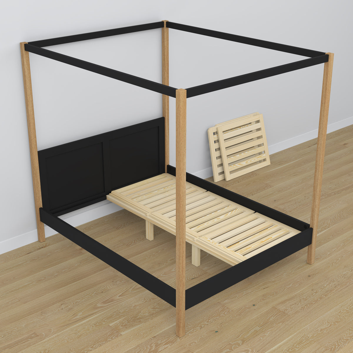 Letto con baldacchino nero-quercia in legno – vista laterale, stile scandi