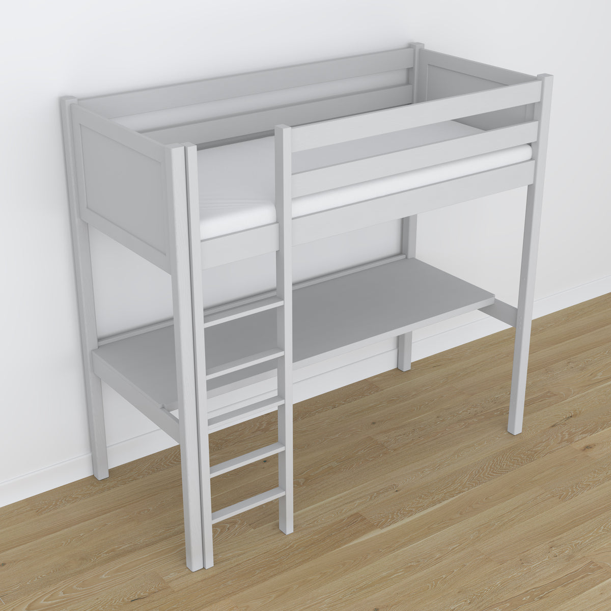 Letto a soppalco grigio in legno – vista dall'alto su camera da letto, Nizio