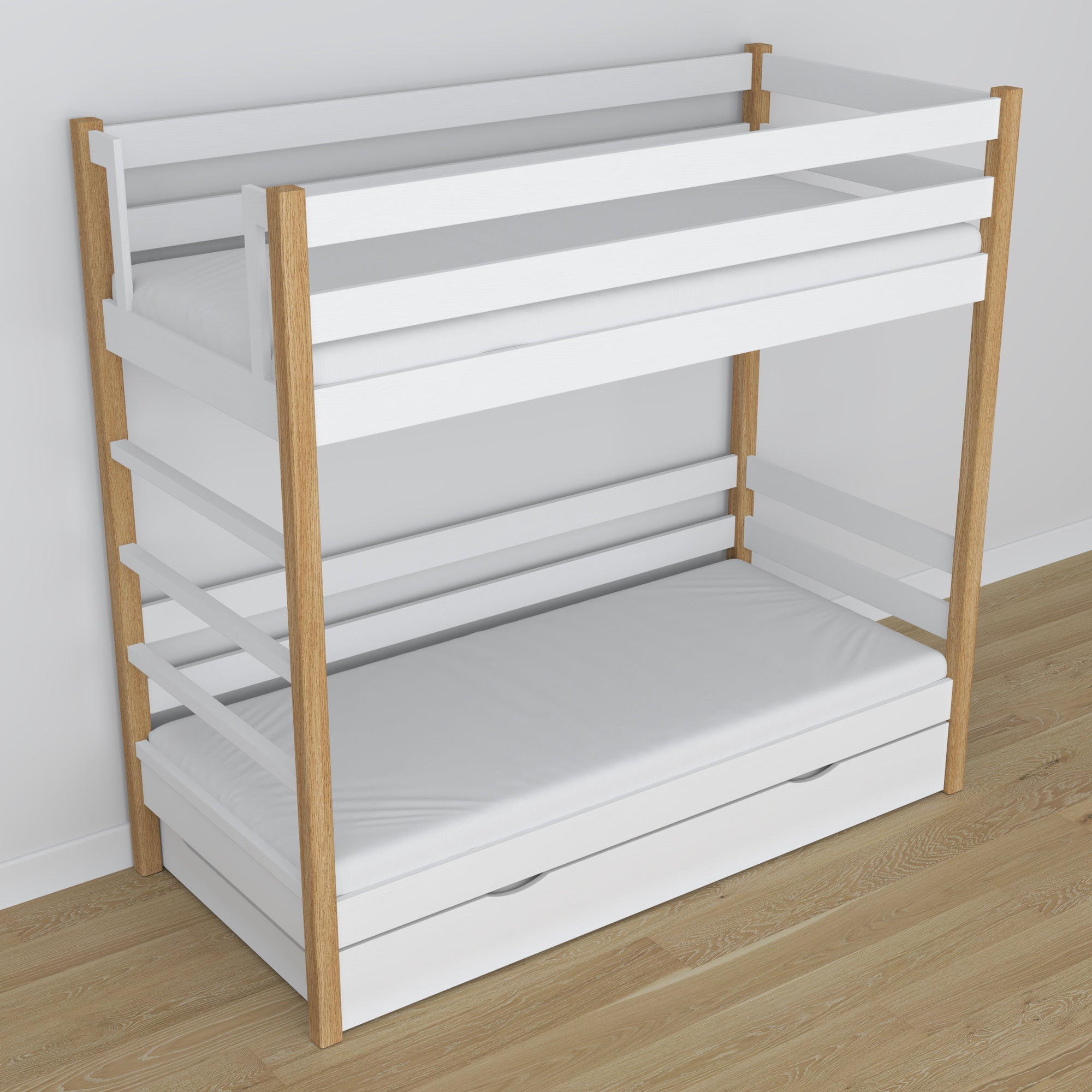 Letto a castello in legno bianco-quercia – dimensioni e schema con cassetto per materasso