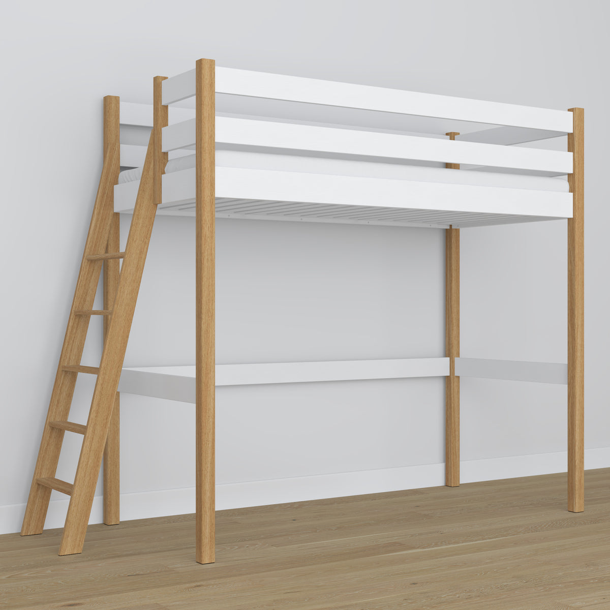 Letto a soppalco bianco-quercia in legno – vista dall'alto su camera da letto