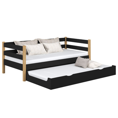 Drewniane łóżko sofa z szufladą na materac N01 czarno dębowy – widok ogólny, lite drewno
