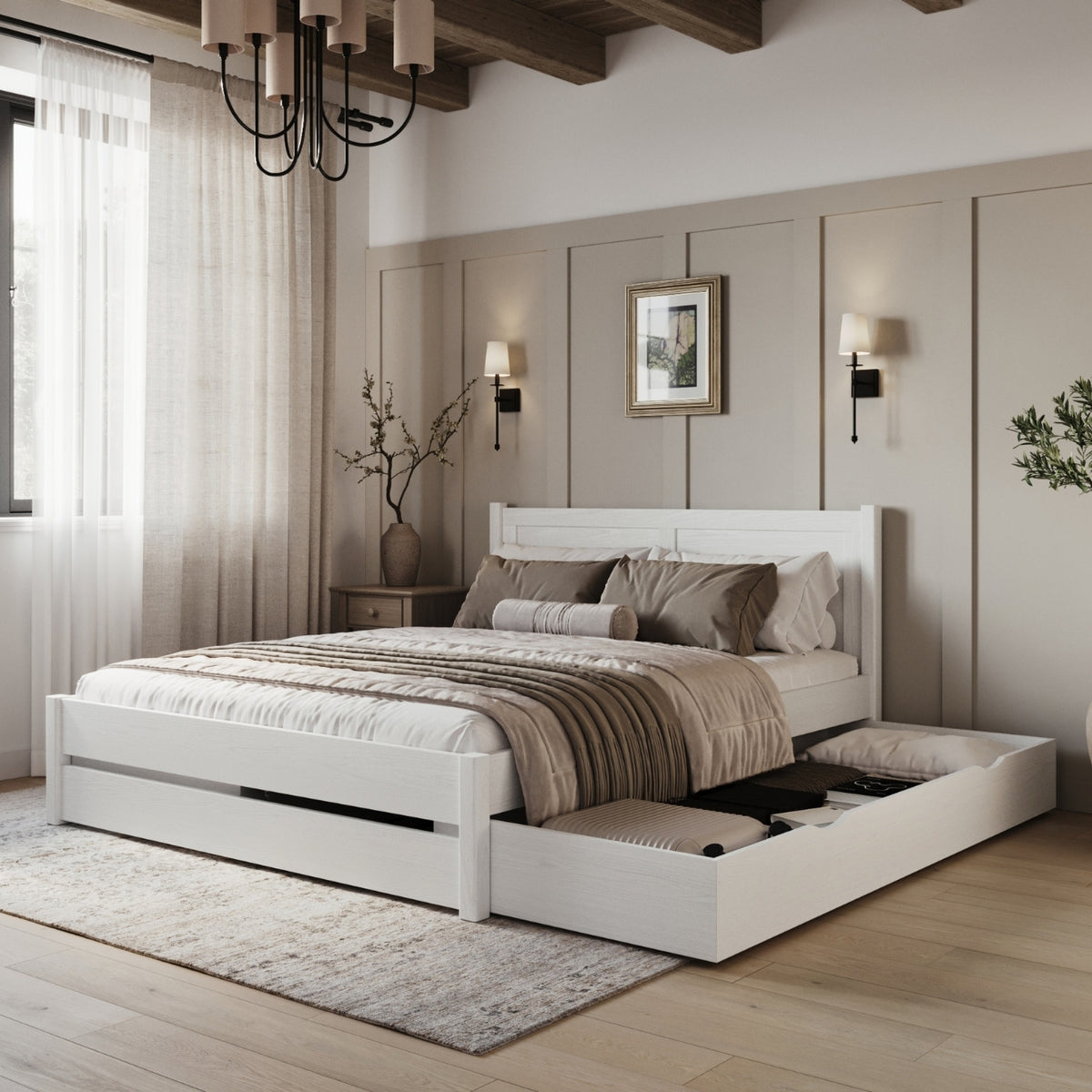 Letto matrimoniale con cassetto in legno bianco – cassetto aperto, capiente ambiente