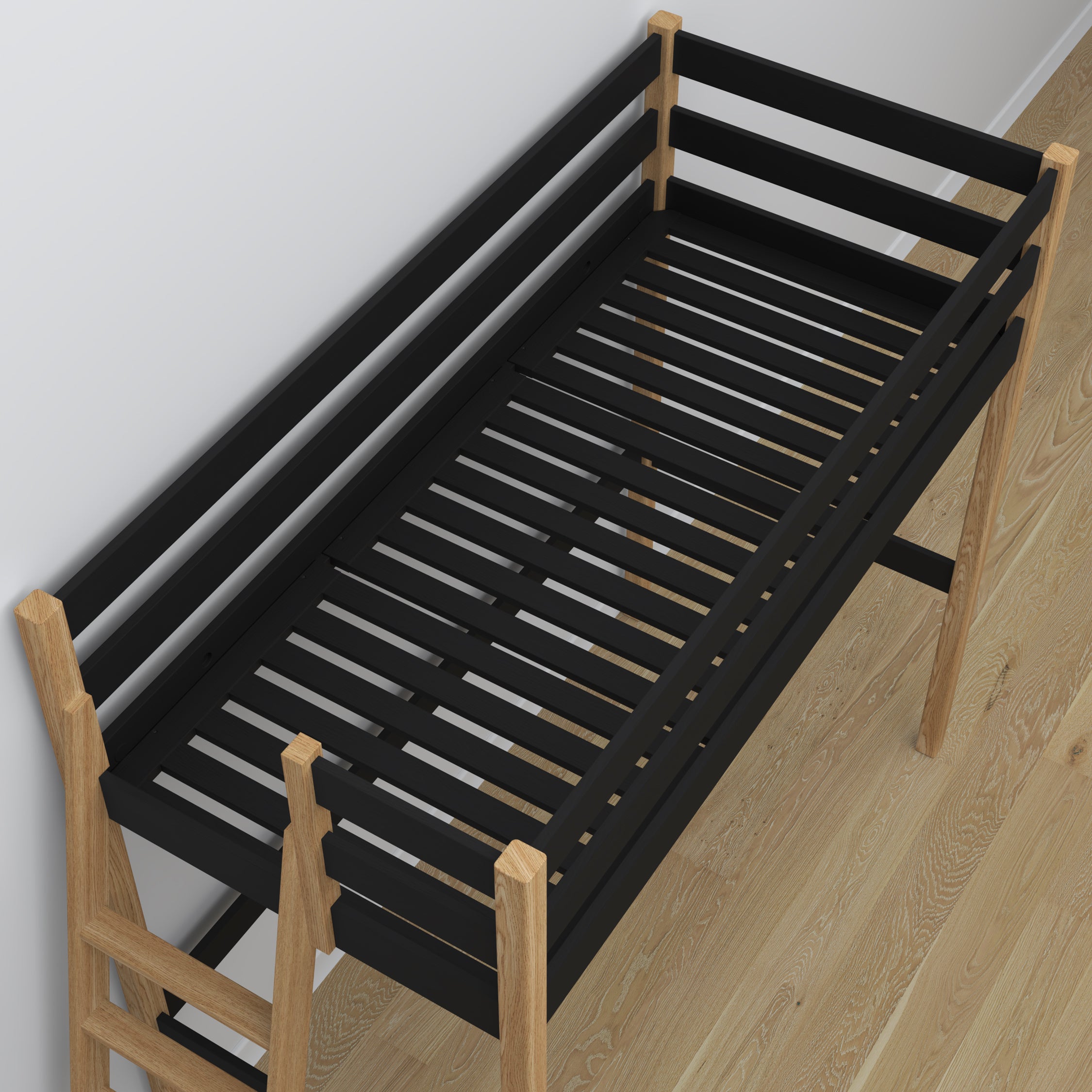 Letto a soppalco in legno nero-quercia – dettaglio giunzioni e scala, Nizio Home