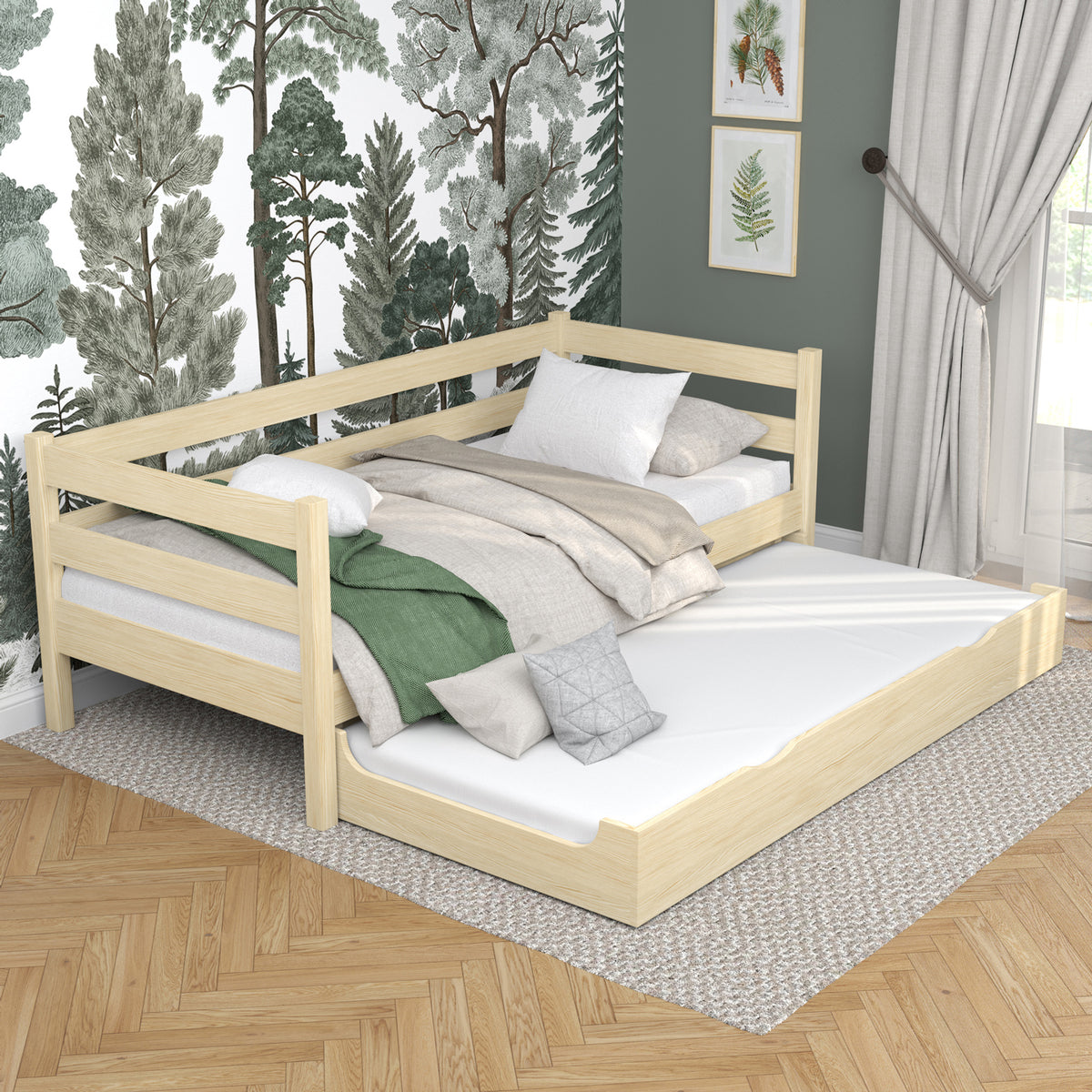 Sofa-lit en bois pin incolore – tiroir na matelas sorti, pour les invités