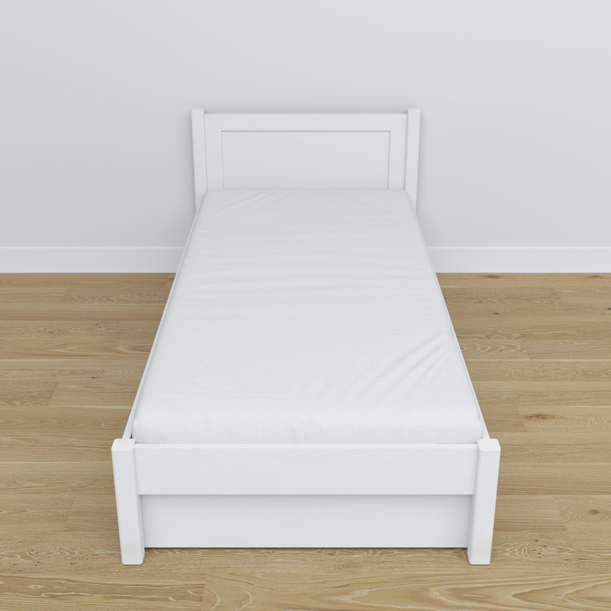 White Bed with Drawer – Wooden Runners and Details, Nizio