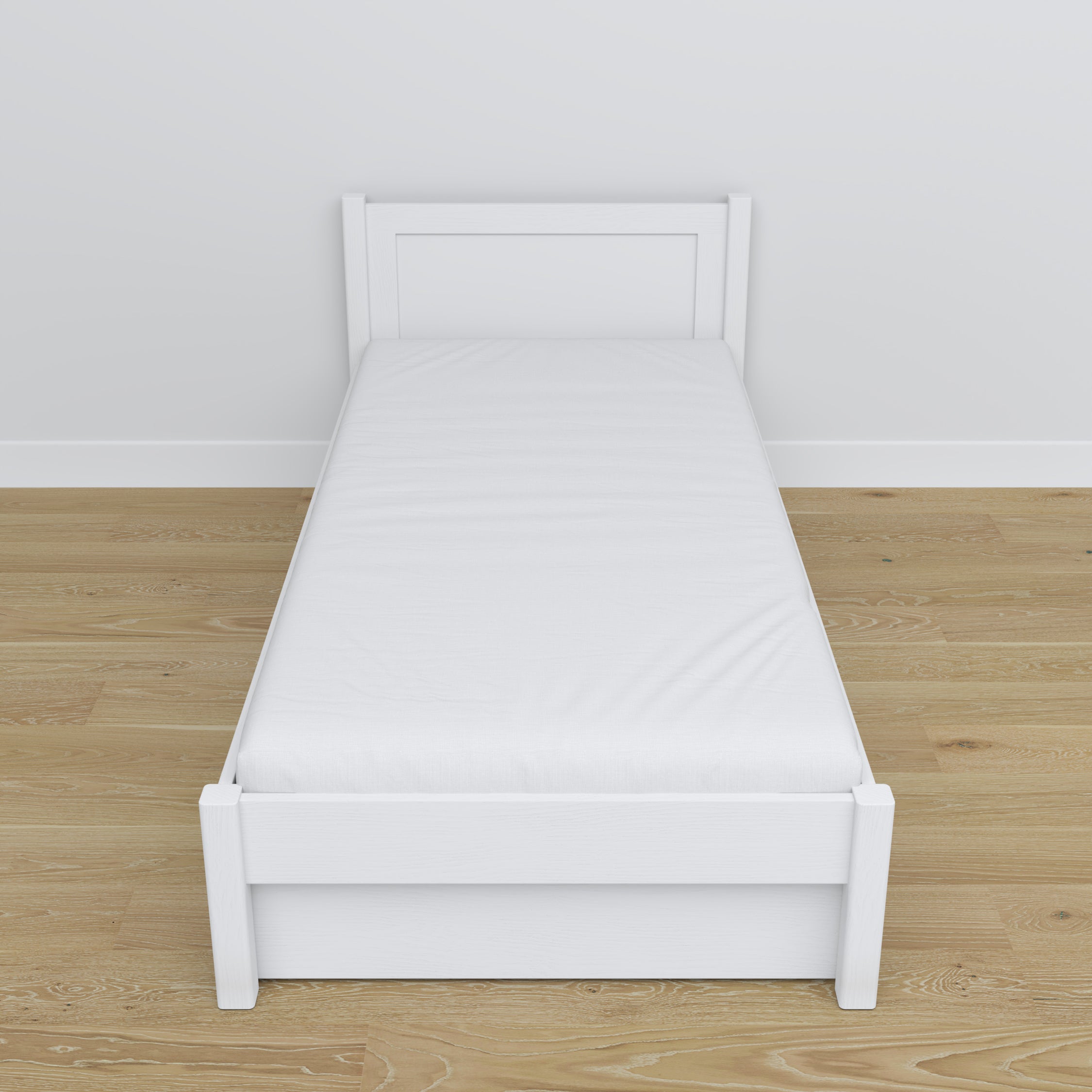 White Bed with Drawer – Wooden Runners and Details, Nizio
