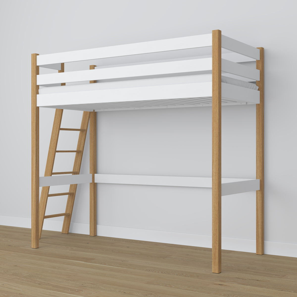 Letto a soppalco in legno bianco-quercia – spazio libero sotto camera da letto, Nizio