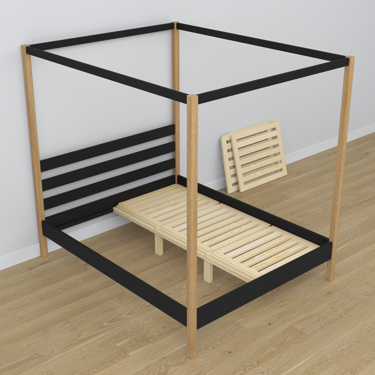 Lit à baldaquin noir-chêne en bois – vue de côté, style scandinave