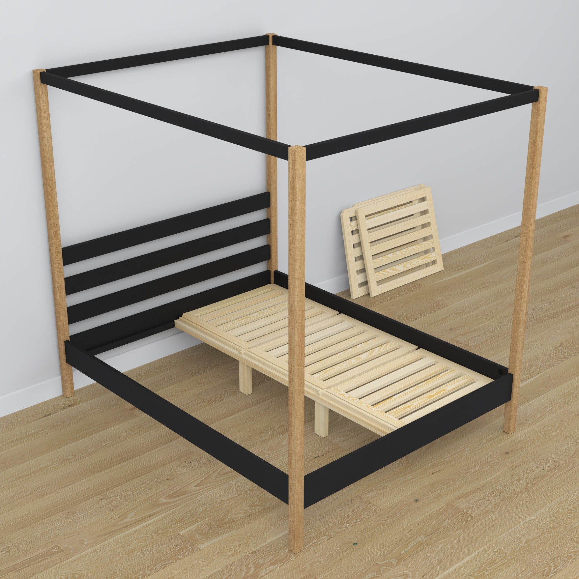 Lit à baldaquin noir-chêne en bois – vue de côté, style scandinave
